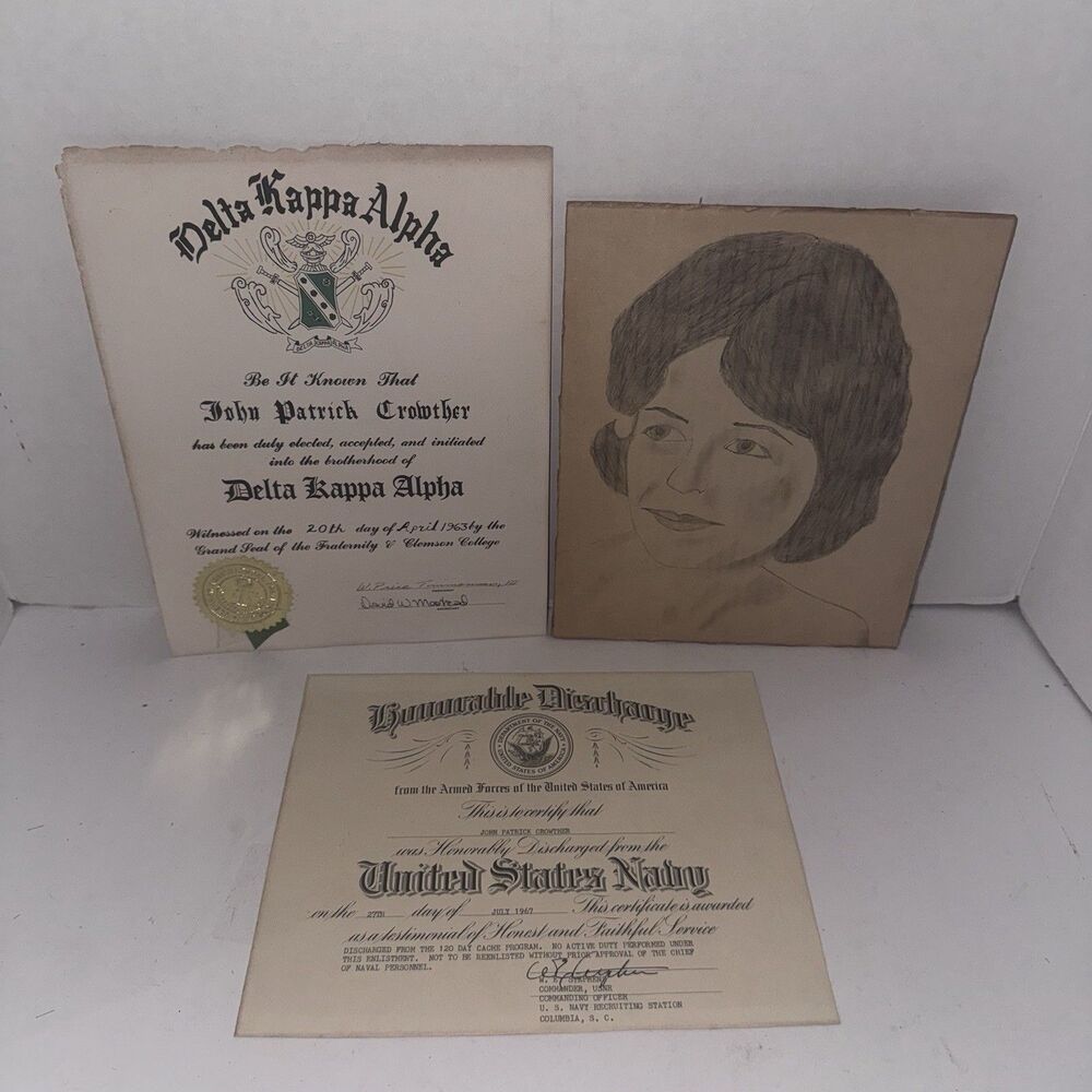 1963 Clemson Delta Kappa Alpha Certificate 1967 Navy Discharge Document Lot